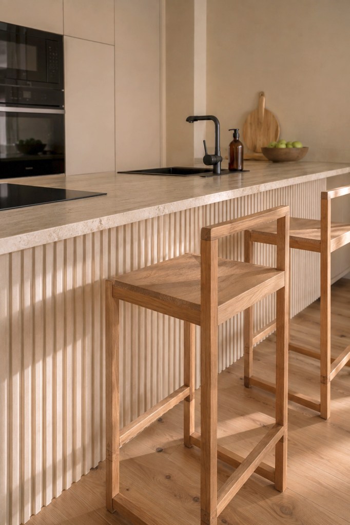 Detalle de cocina con isla de piedra y taburetes de madera diseñada por Senso Estudio